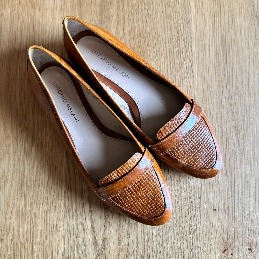 Antonio Melani Tan Leather Loafers Size 6.5 Woven Penny Flats - Picture 2 of 12